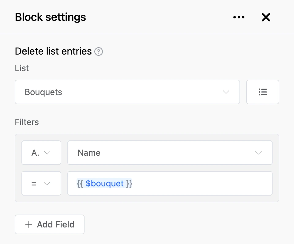 Settings panel of the "Delete list entries" block