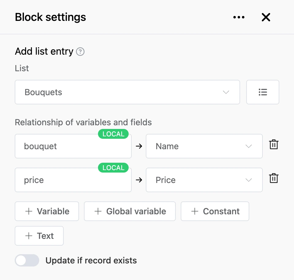 Settings panel of the "Add list entry" block