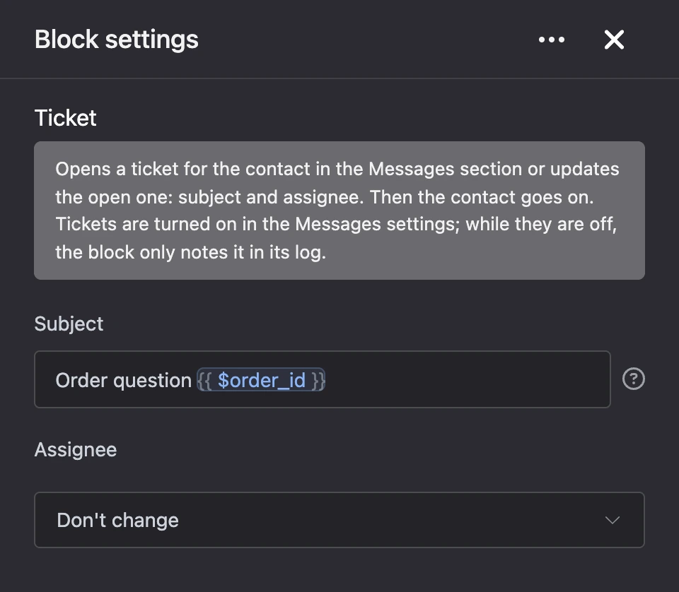 Settings panel of the "Ticket" block