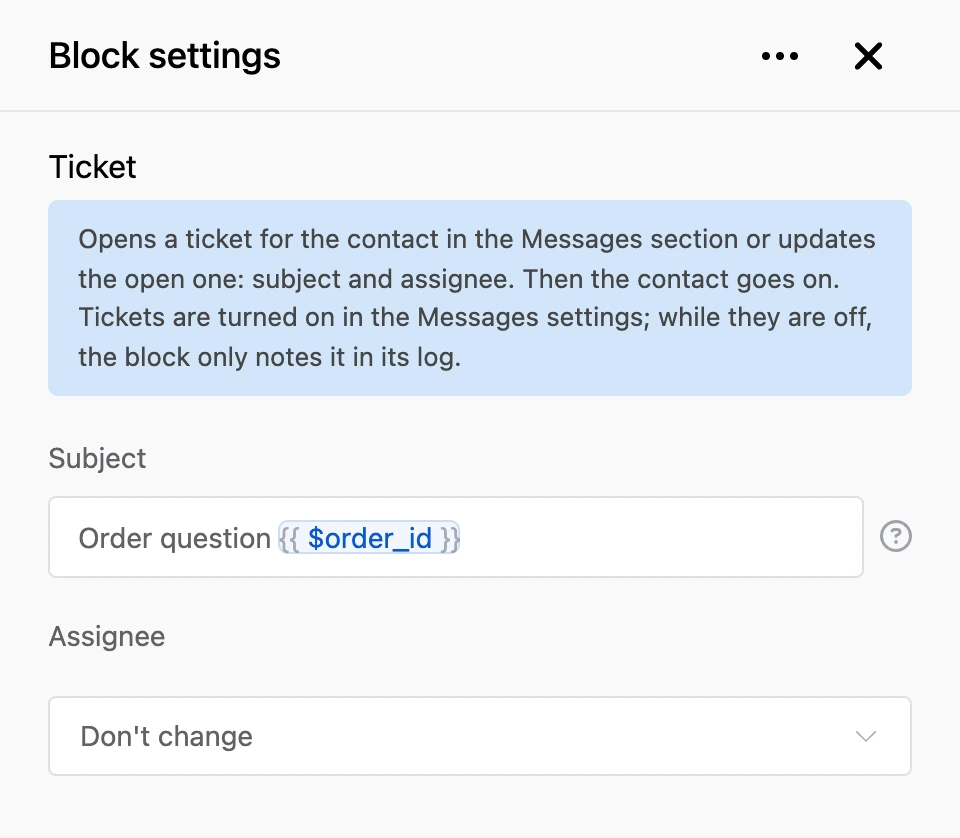 Settings panel of the "Ticket" block