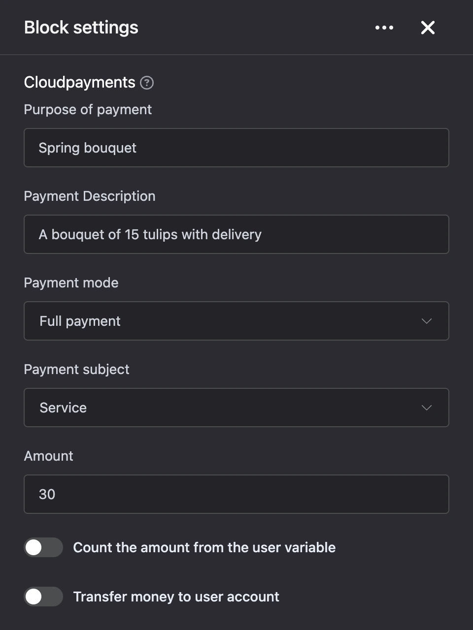 Settings panel of the "Cloudpayments" block