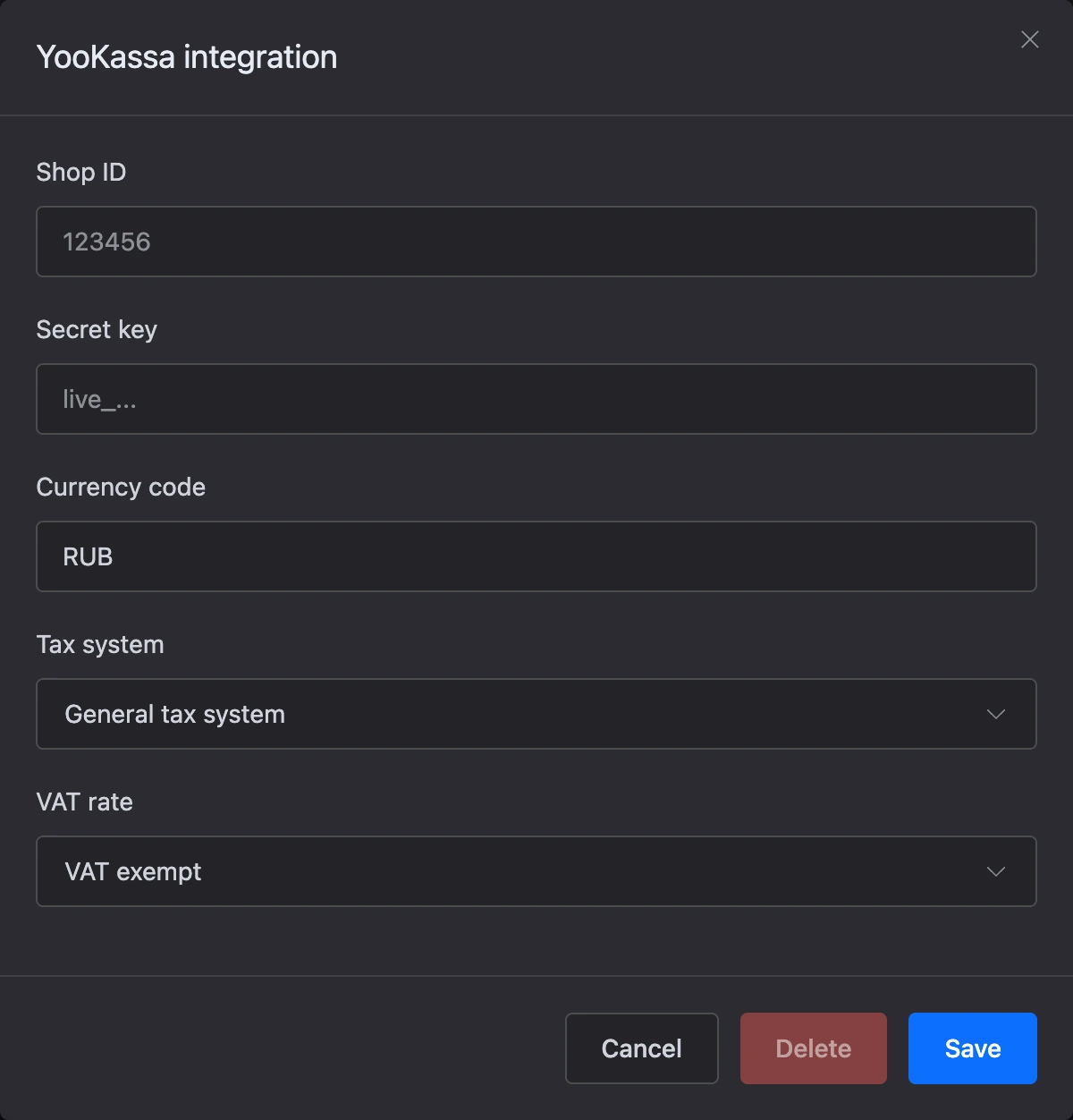 The YooKassa connection window in the bot integrations: Shop ID, secret key, currency, taxes