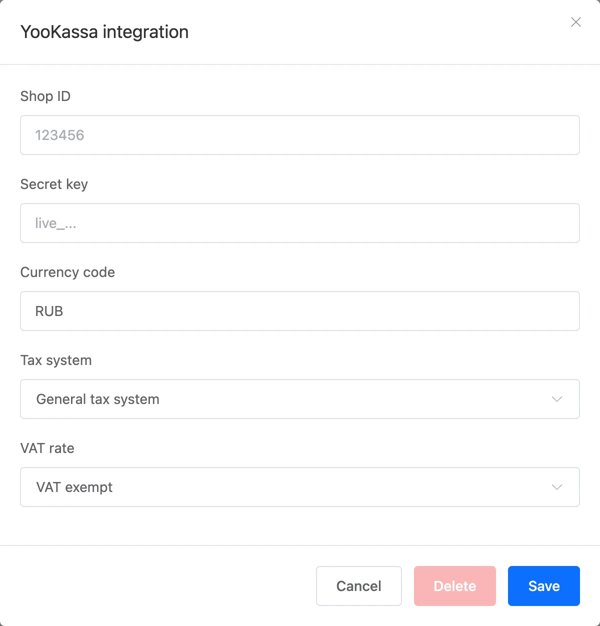 The YooKassa connection window in the bot integrations: Shop ID, secret key, currency, taxes