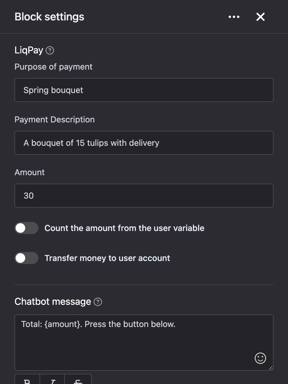 Settings panel of the "LiqPay" block
