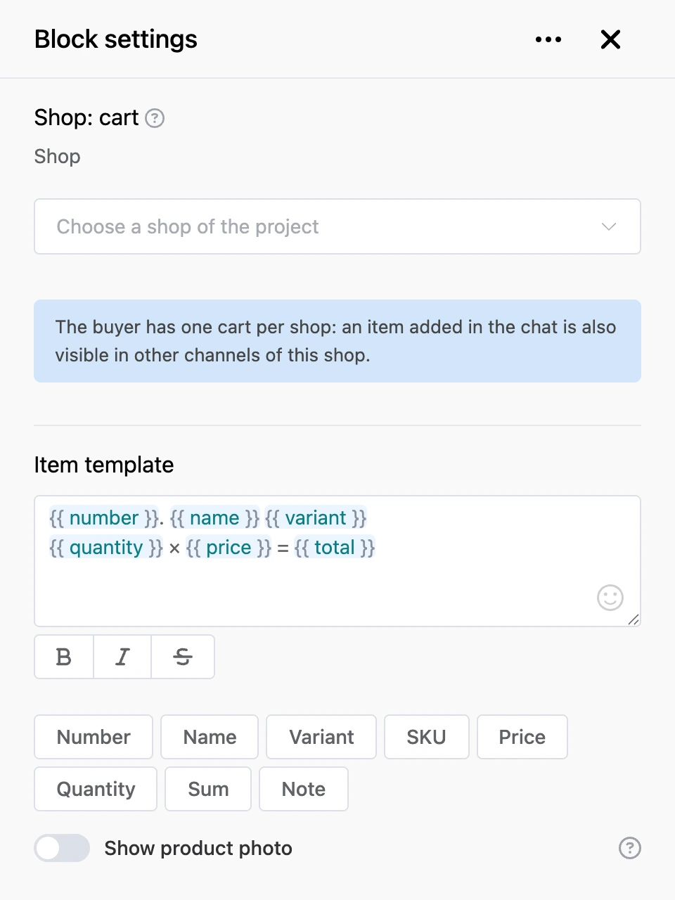 Settings panel of the "Shop: cart" block