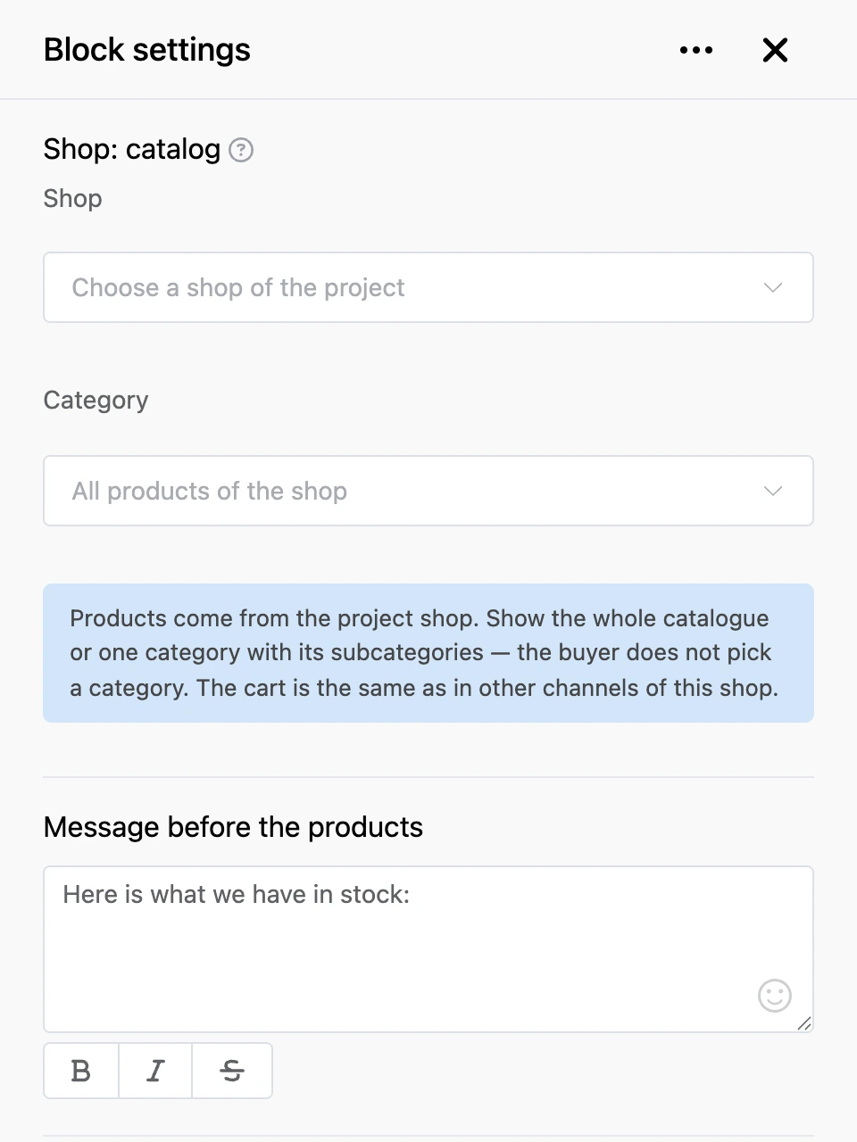 Settings panel of the "Shop: catalog" block