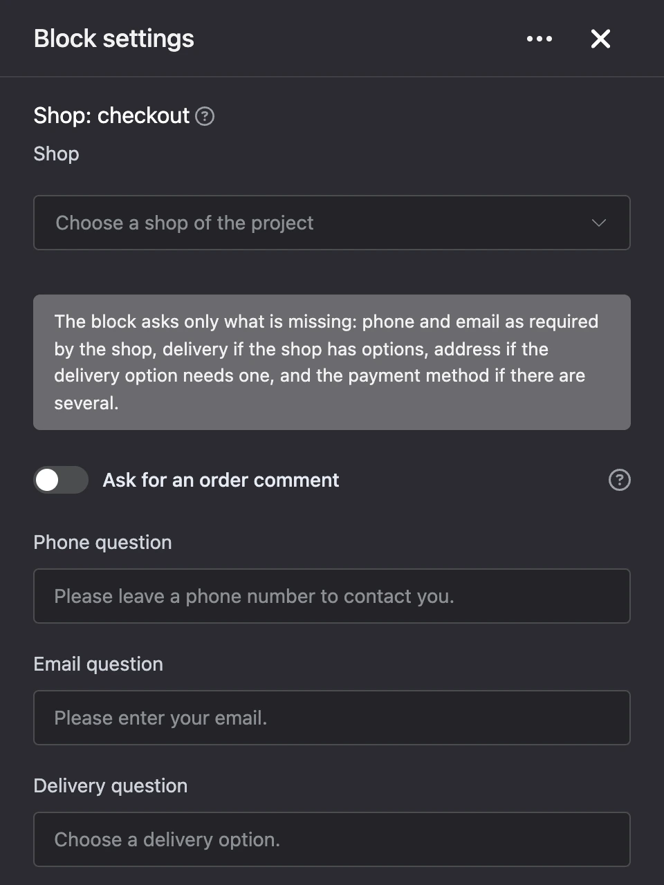 Settings panel of the "Shop: checkout" block