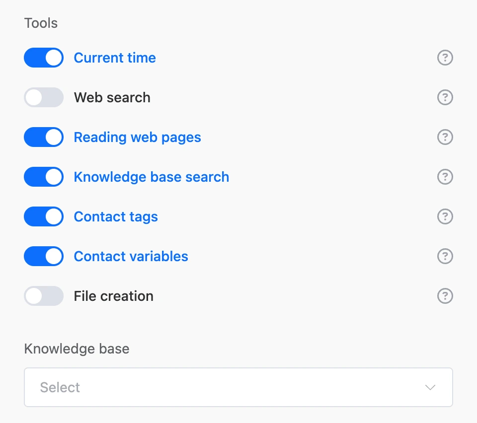 AI agent tools: current time, reading web pages, knowledge base search, contact tags and variables are on; below is the "Knowledge base" field