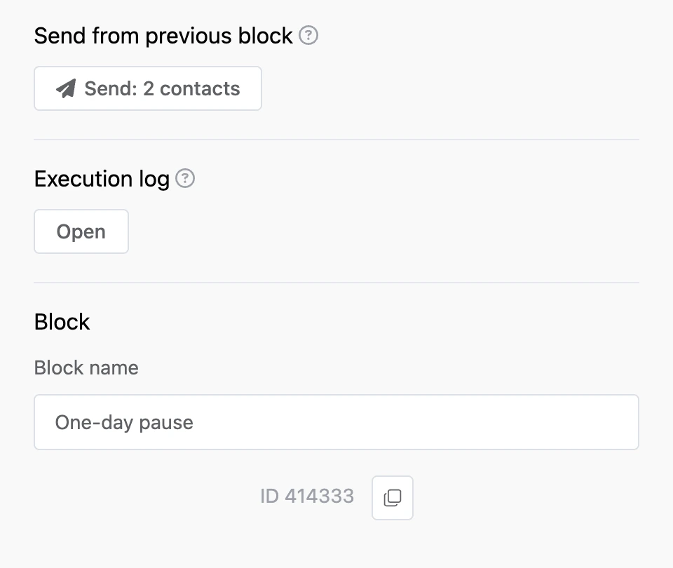 Common sections at the bottom of the panel: "Send from previous block", "Execution log" and "Block"