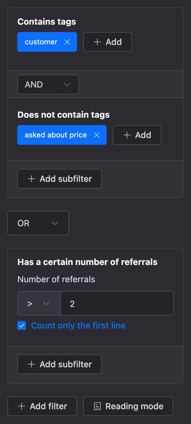 Filters in edit mode: a group of two conditions joined with AND, and a second group joined with OR