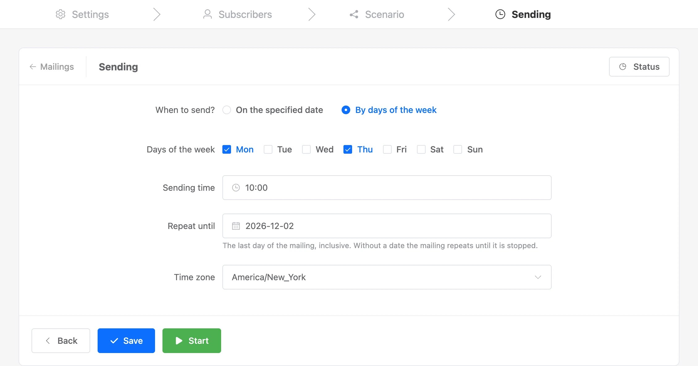 The "Sending" step: a mailing by days of the week with an end date