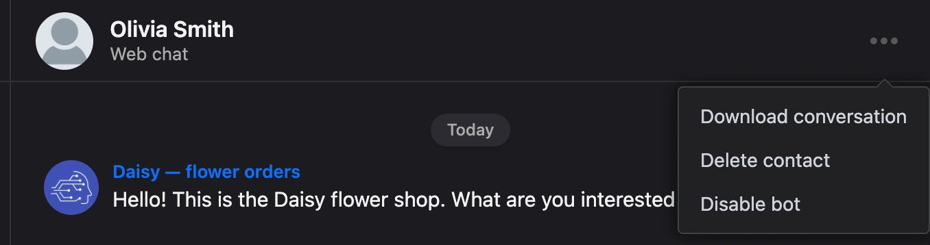 The "⋯" menu in the conversation header: download dialogue, delete contact, disable bot