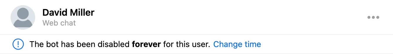 The "Bot is disabled forever for this user" bar above the conversation