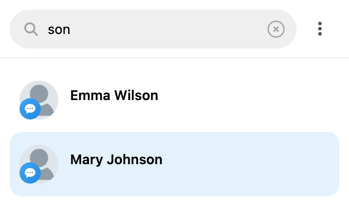 Search by part of a name: the contacts found are listed under the field