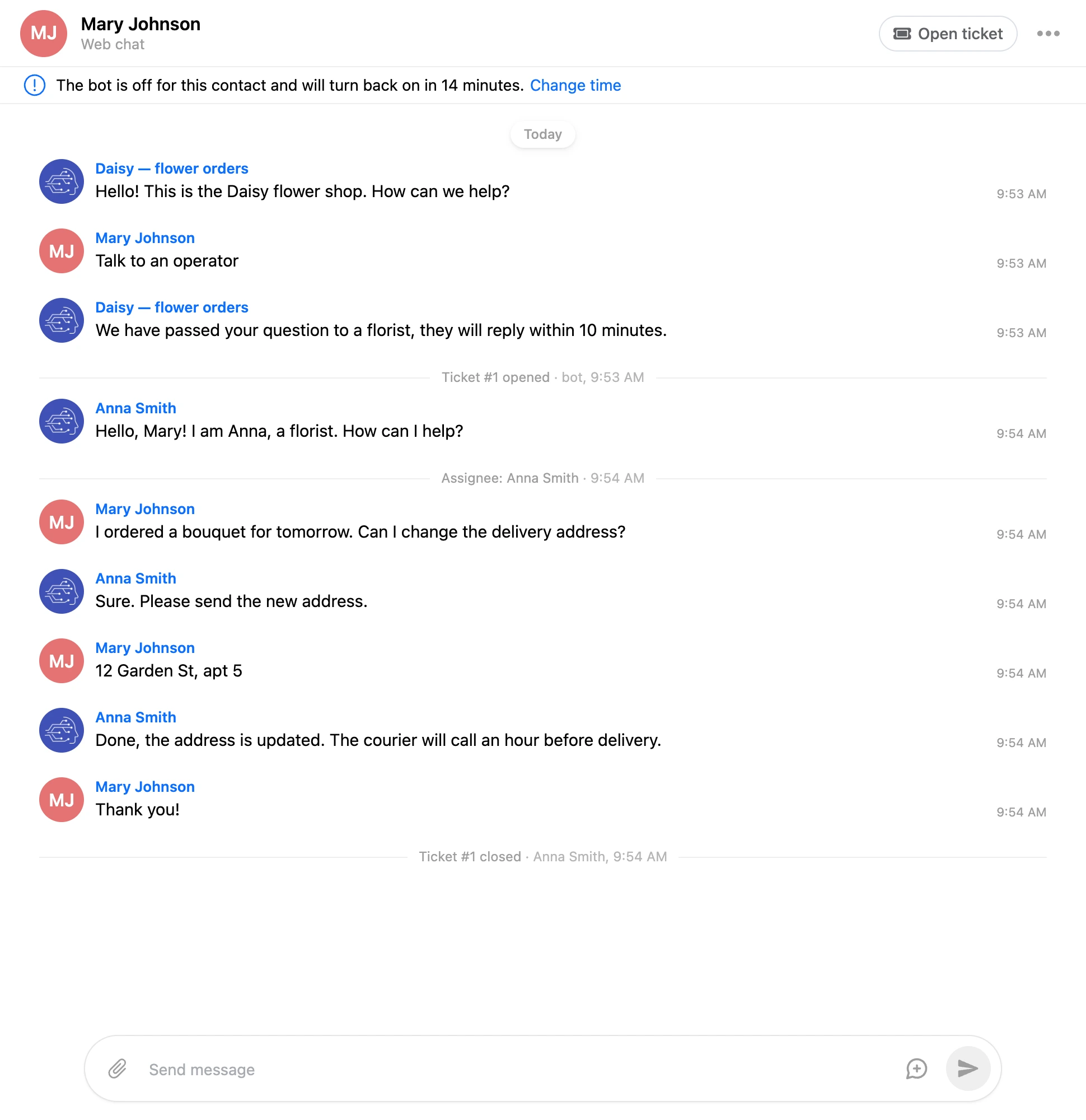The ticket history in the feed: the bot opened the ticket, Anna Smith became the assignee and closed it