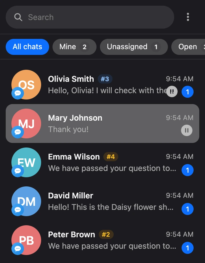 The conversation list with the "All chats", "Mine" and "Unassigned" tabs; names carry ticket numbers, the color shows the status