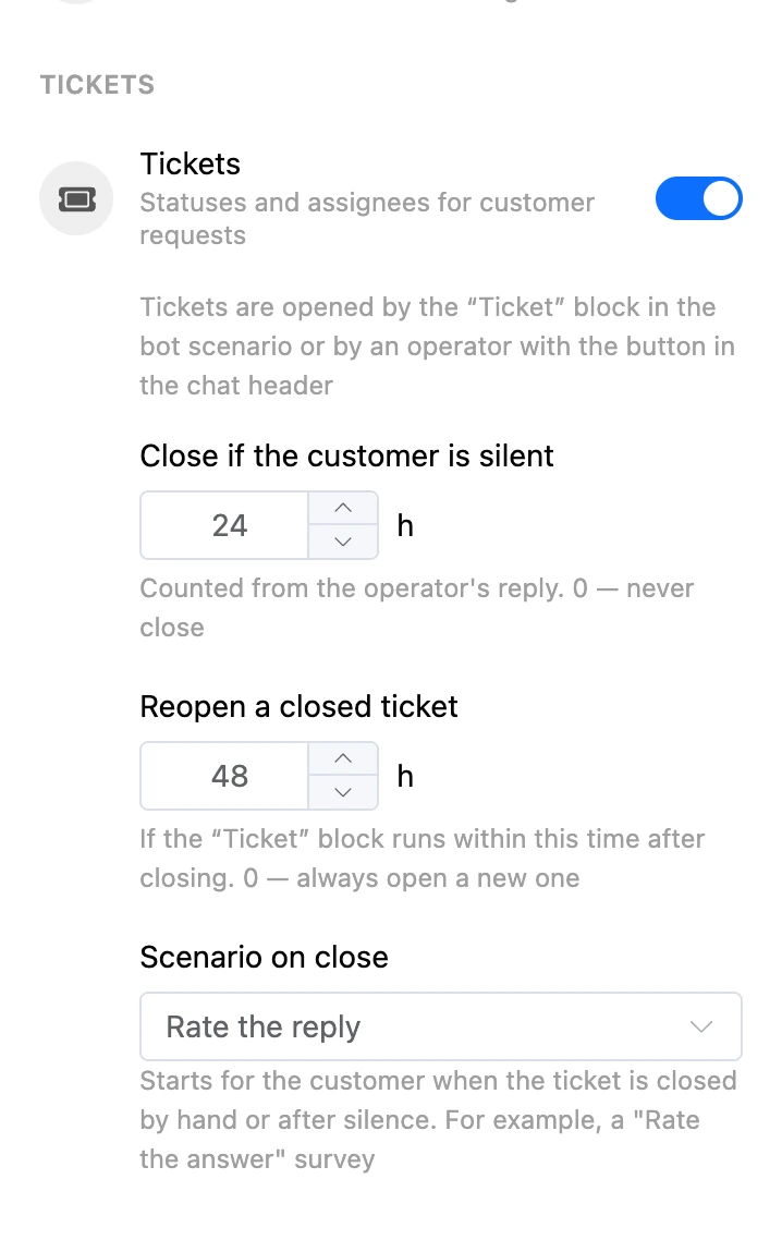 The "Tickets" block in the section settings: closing after 24 hours of silence, reopening within 48 hours, the "Rate the reply" scenario on close