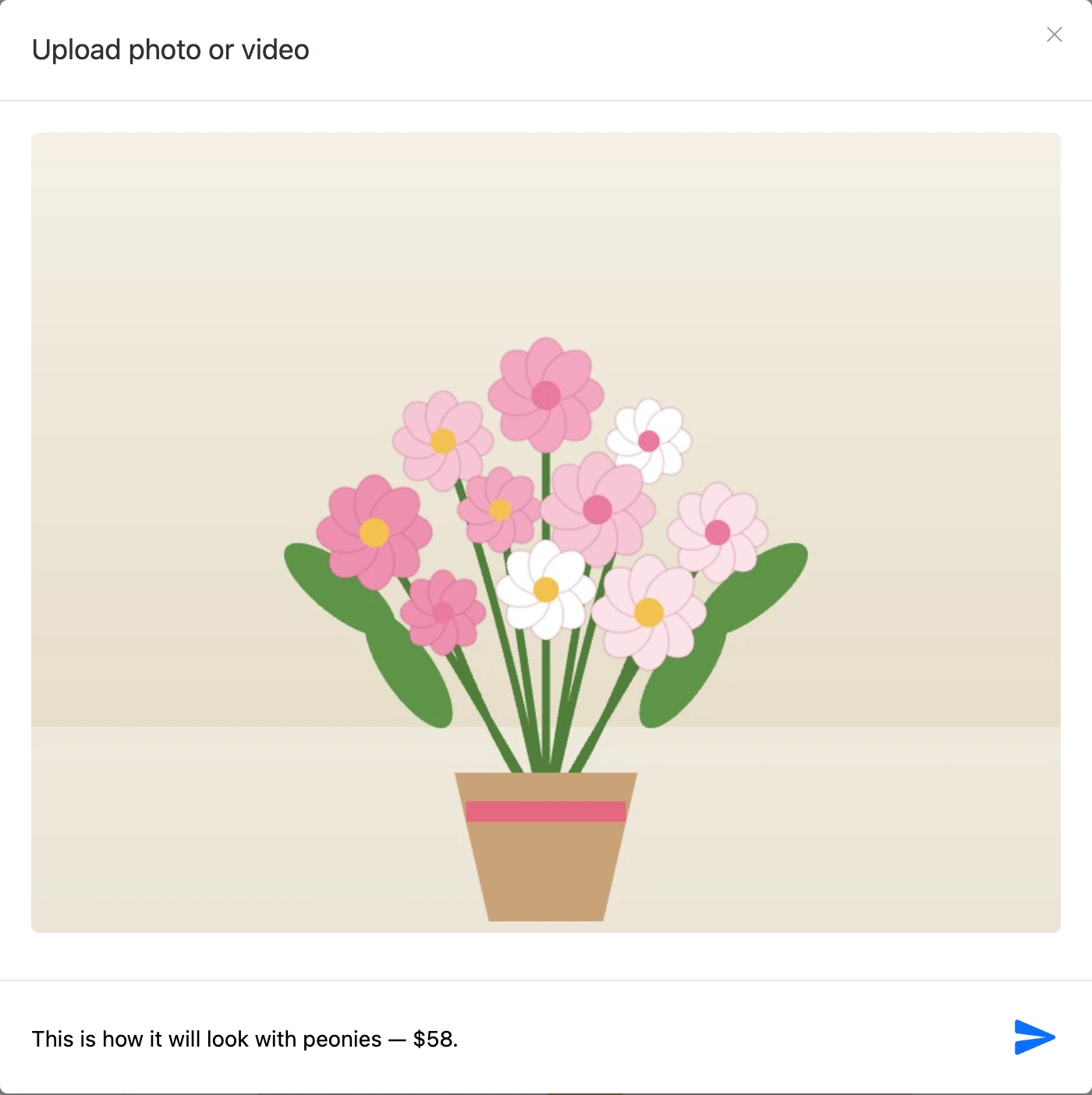 The "Upload photo or video" window with an image and a filled-in description