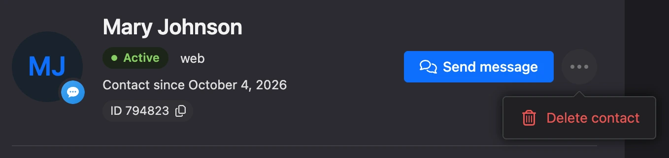 The card header with the "⋯" menu and the "Delete contact" item