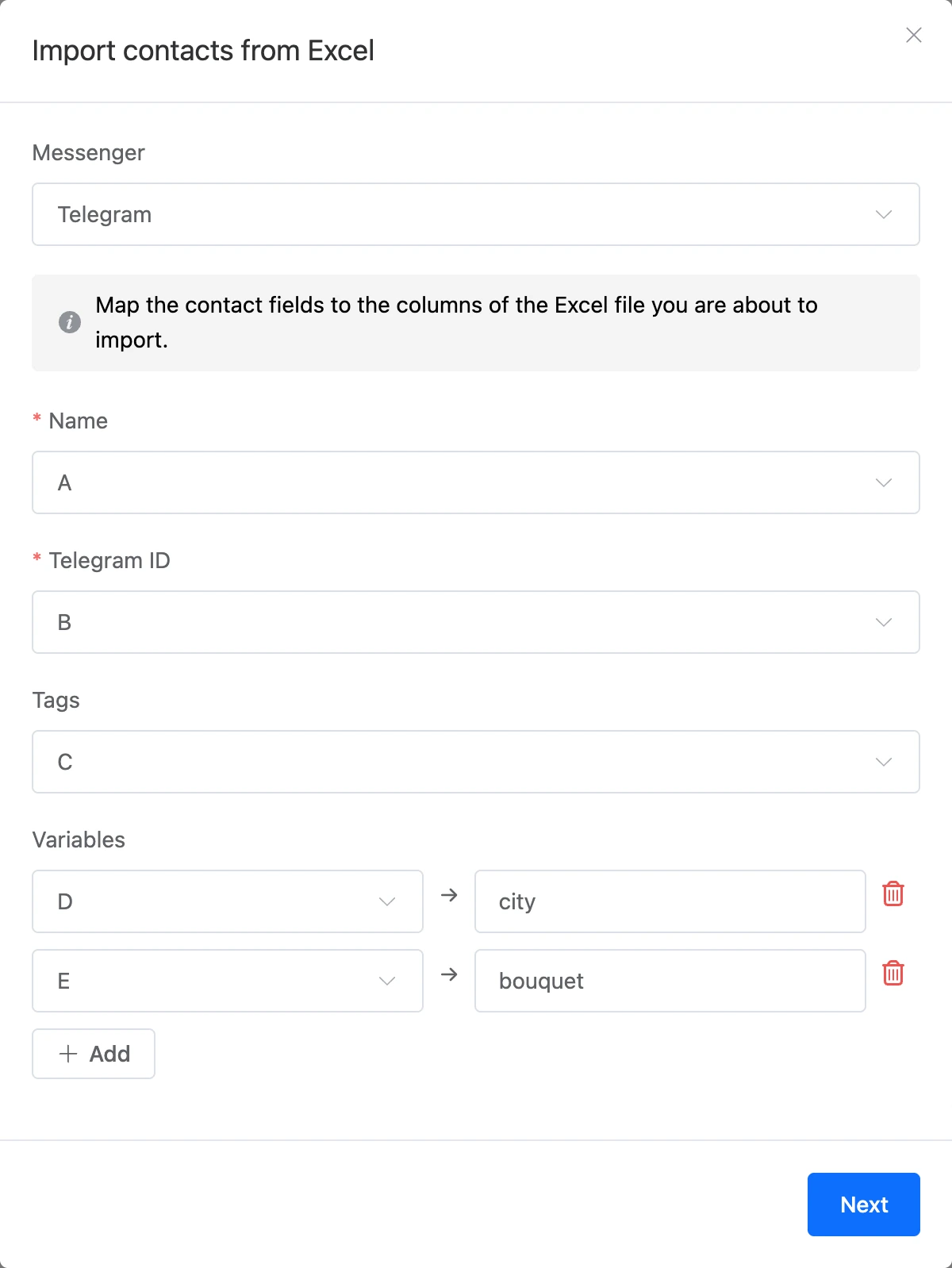 The "Import contacts from Excel" window: columns for the name, Telegram ID, tags and variables