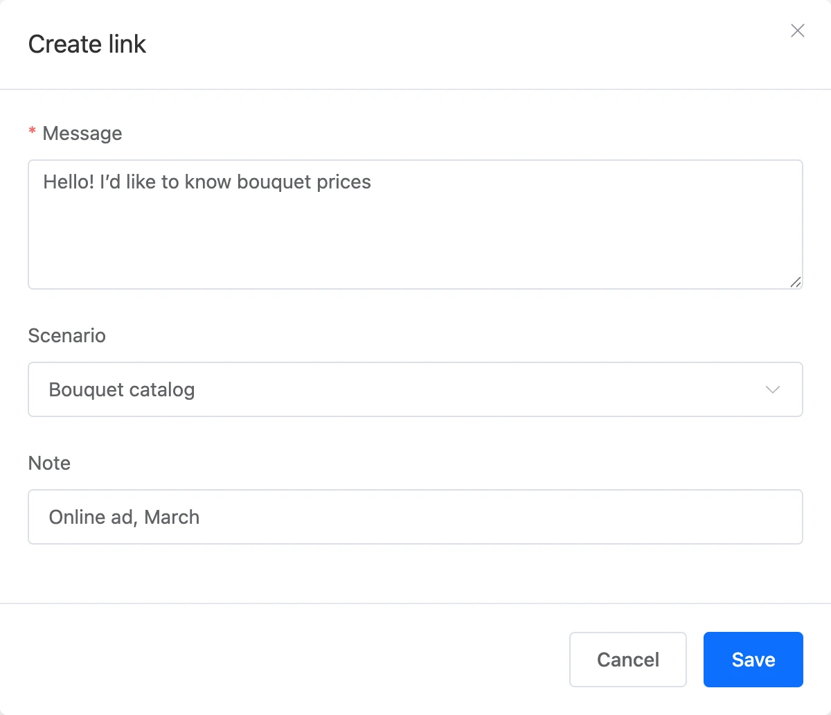 The window for creating a Viber link with the "Message" field