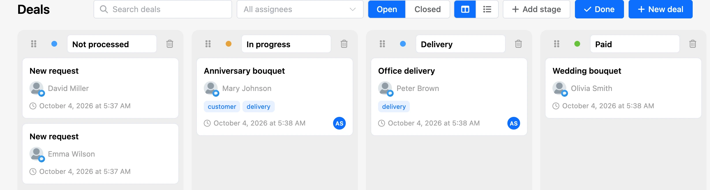 Configuring stages: drag handle, color, name and delete in column headers