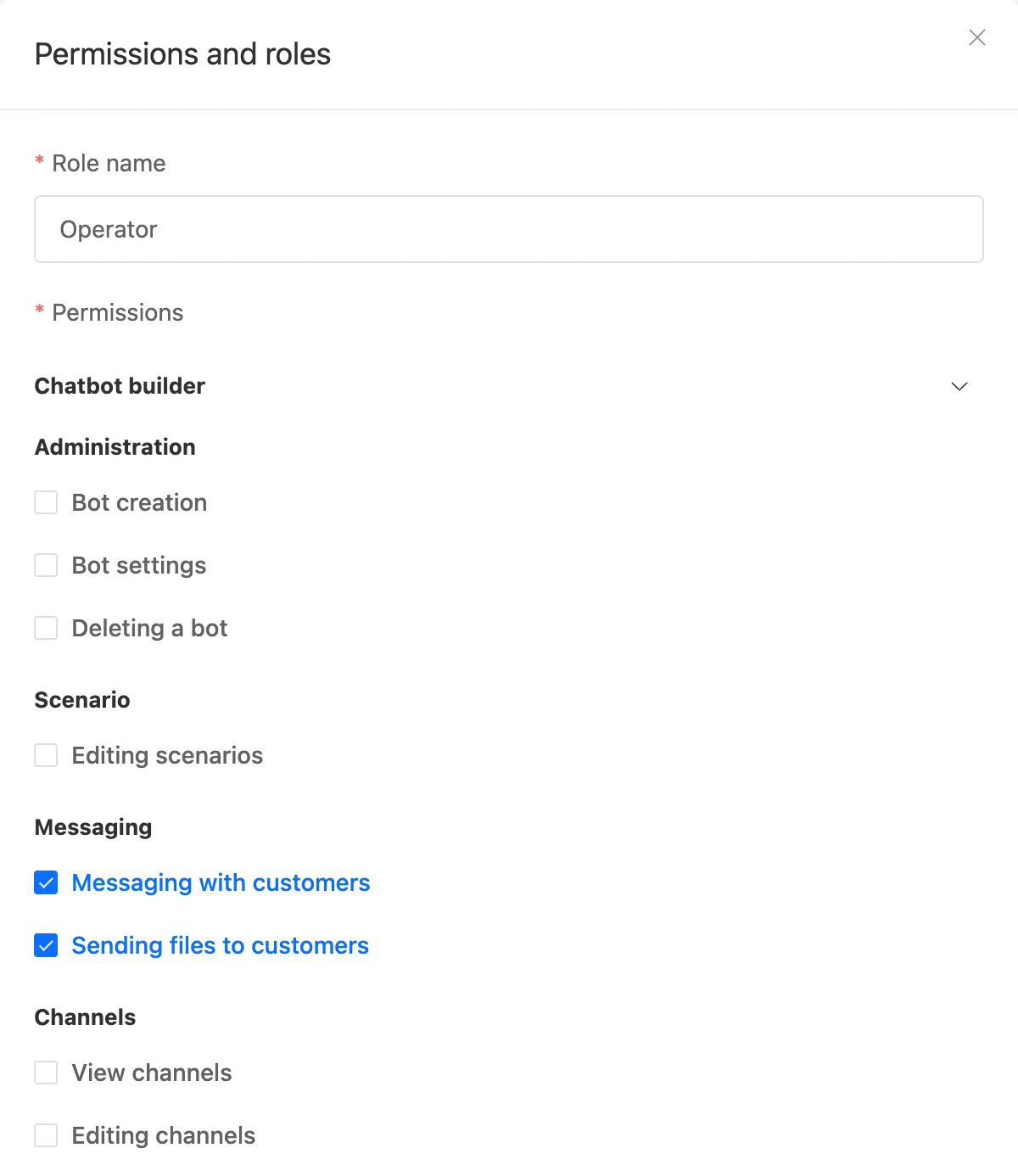 The new role window with the messaging permissions ticked