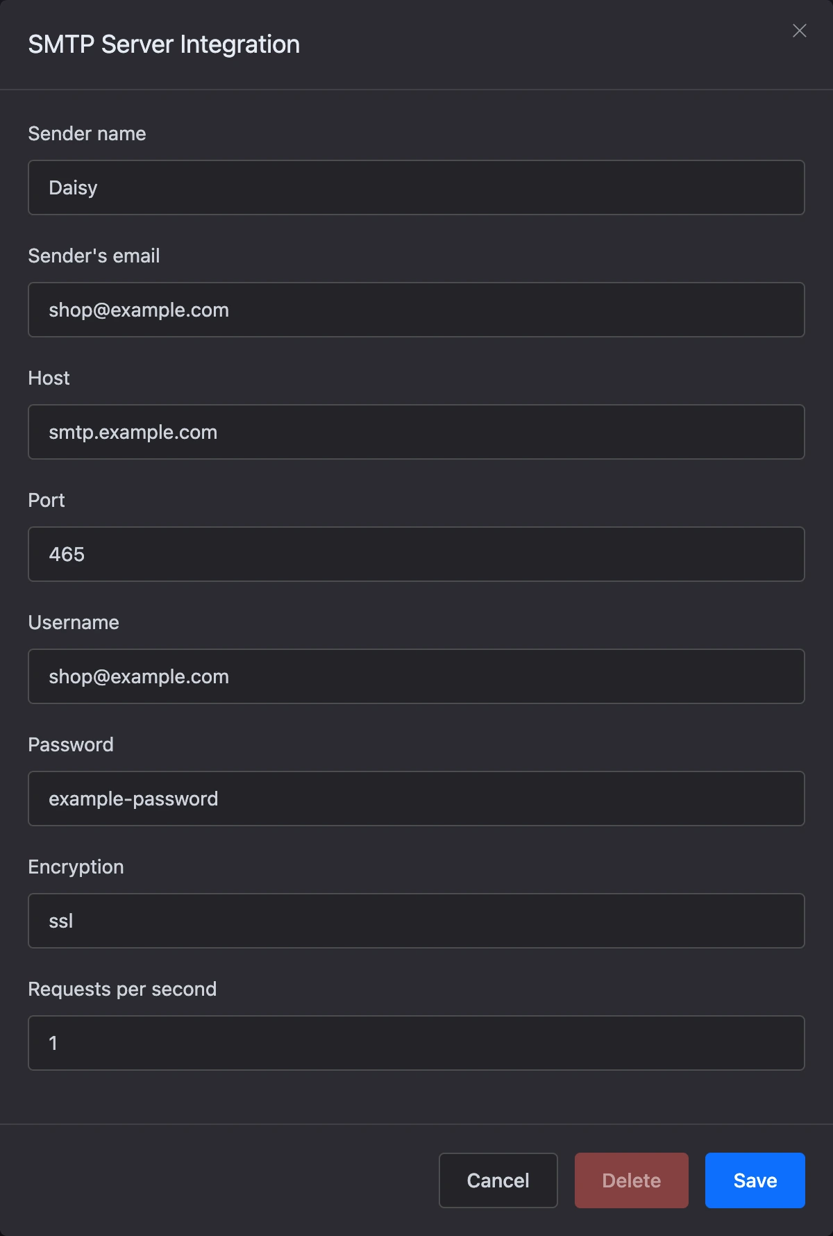 The SMTP server integration window