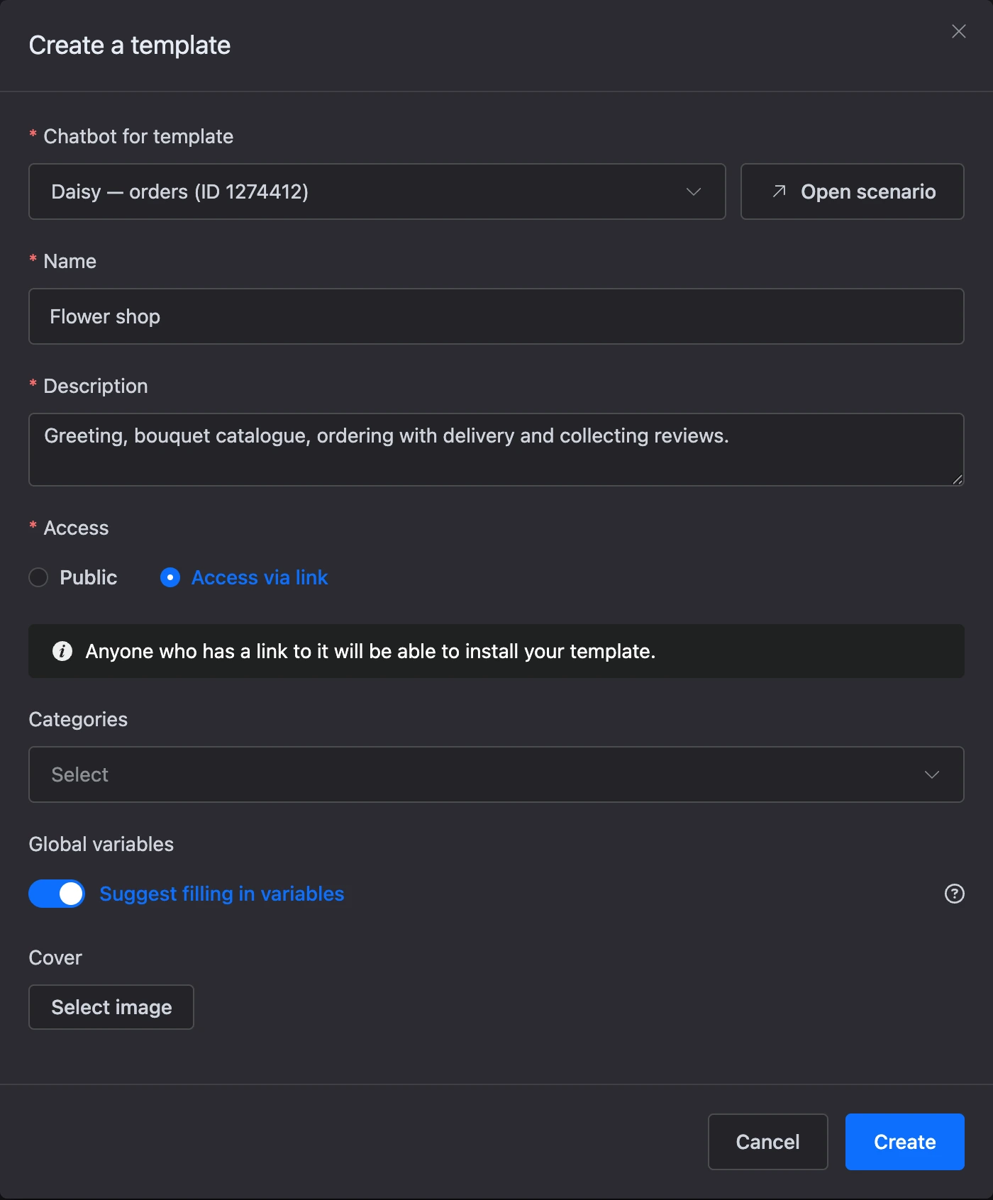 The "Create template" window with a bot selected and link access