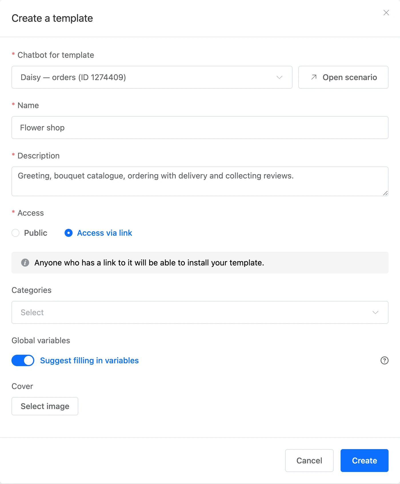 The "Create template" window with a bot selected and link access
