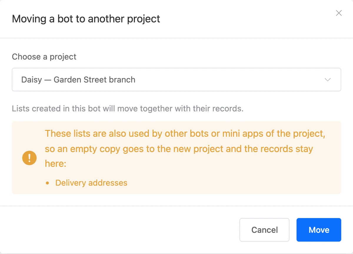 The "Moving a bot to another project" window with a project selected