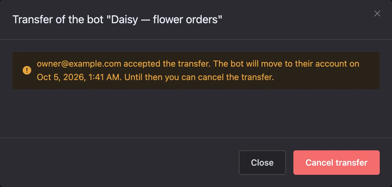 The transfer window after the recipient accepted, with the Cancel transfer button