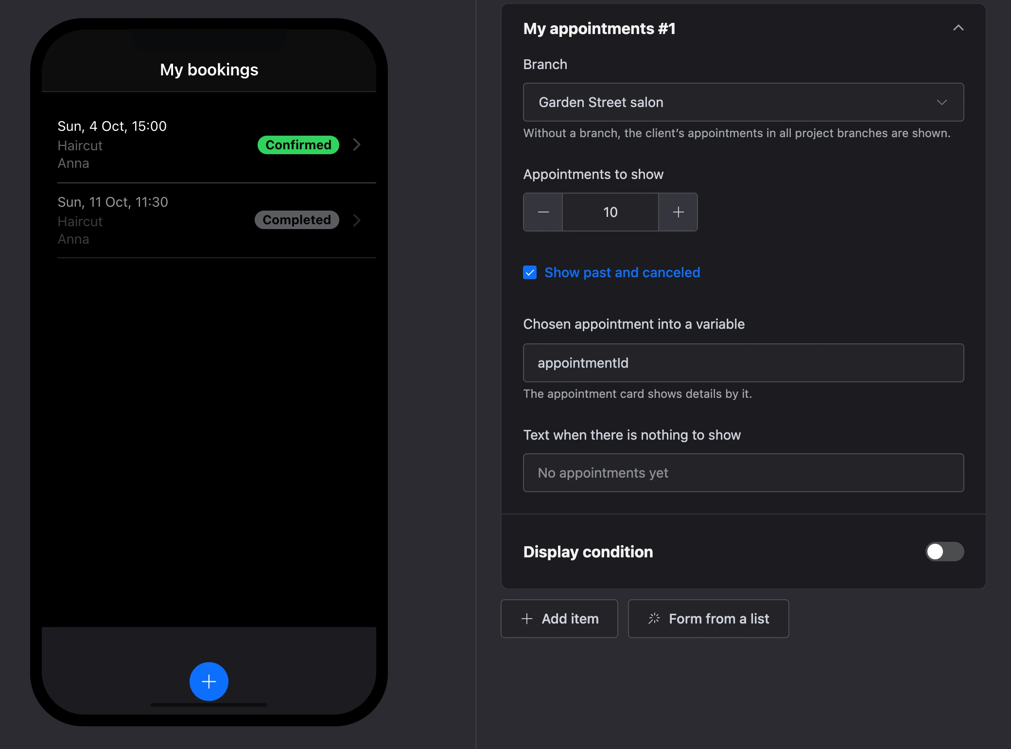 The "My appointments" element: sample appointments and the element's settings
