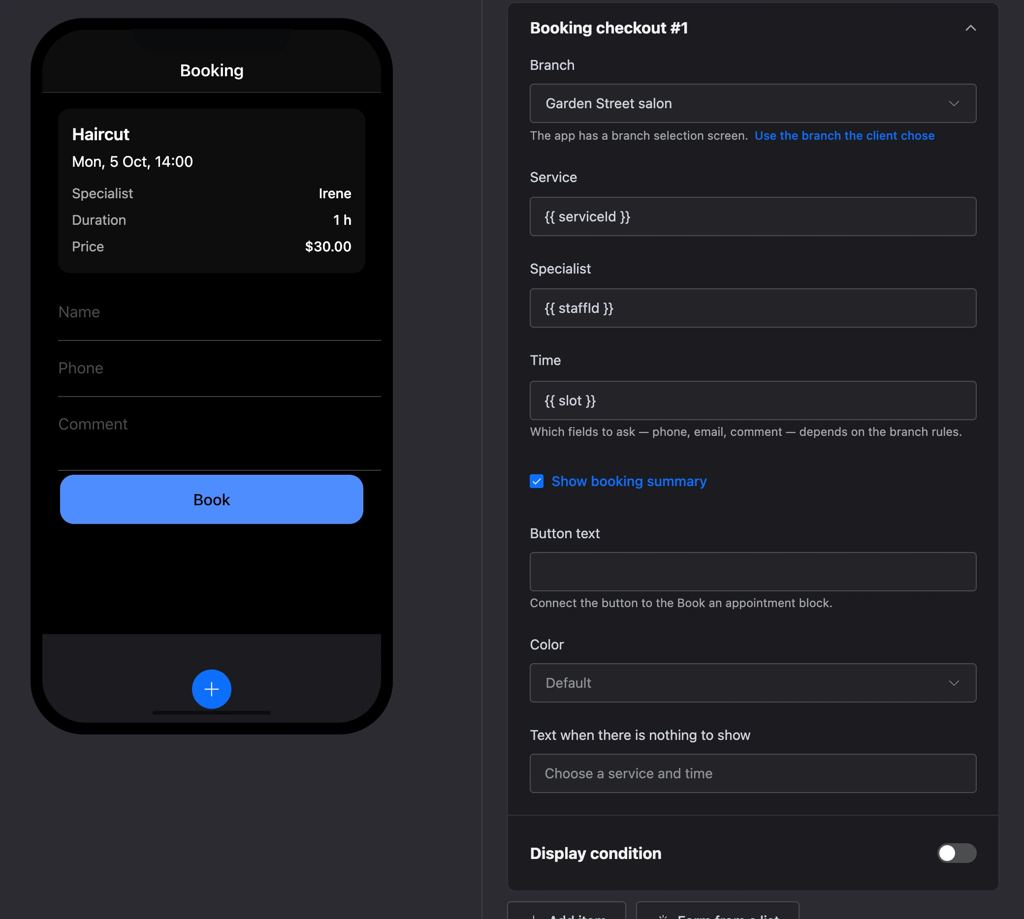The "Booking checkout" element: the booking summary, client fields and the "Book" button and the element's settings