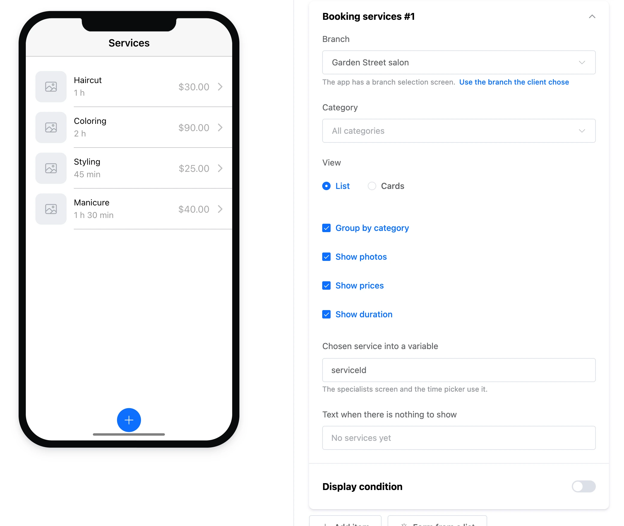 The "Booking services" element: services with price and duration and the element's settings