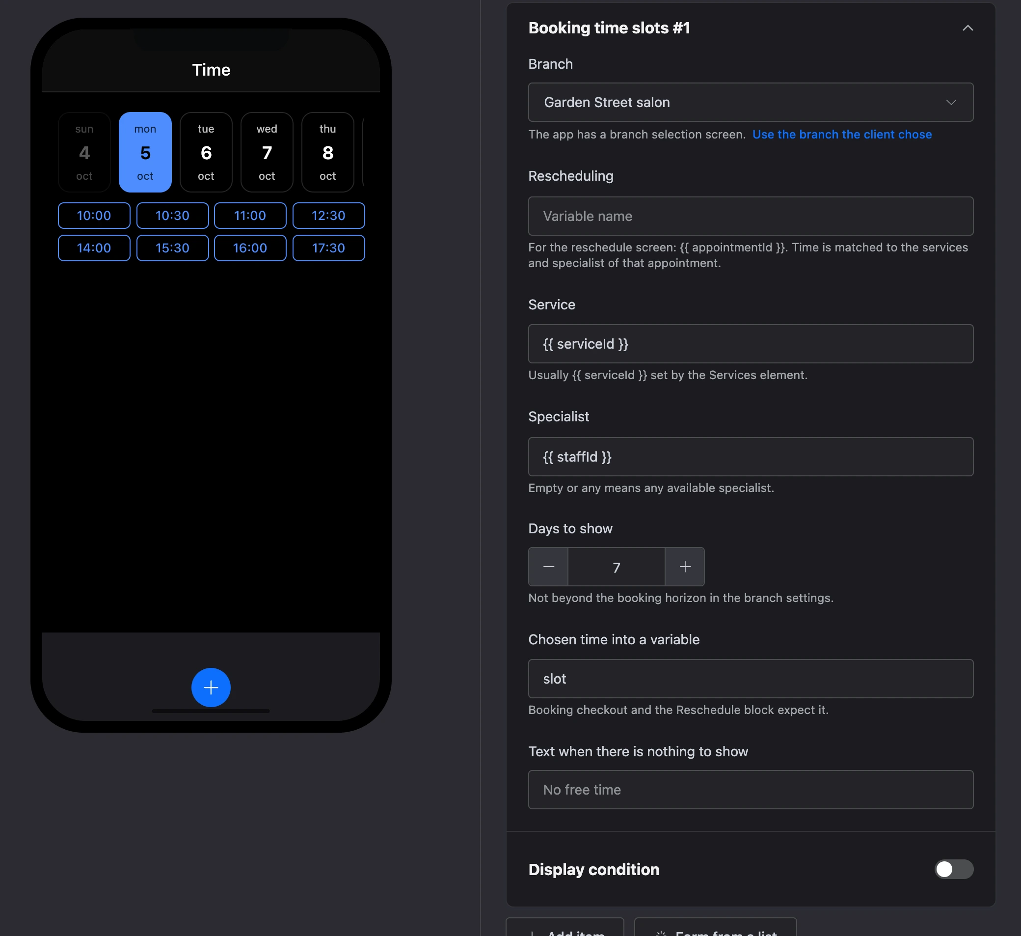 The "Booking time slots" element: a strip of days and free times and the element's settings