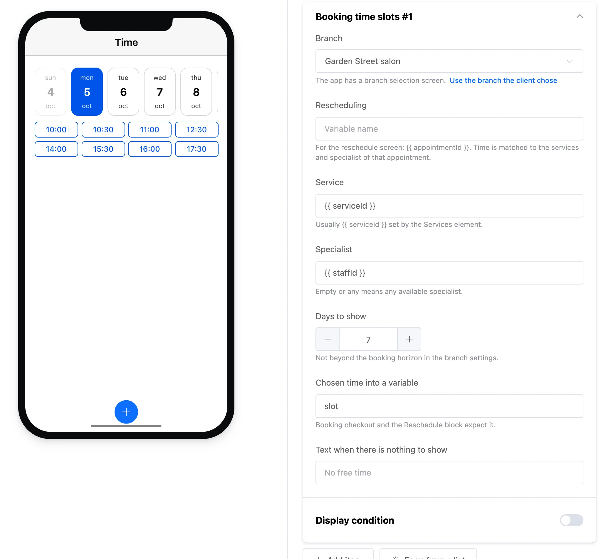 The "Booking time slots" element: a strip of days and free times and the element's settings
