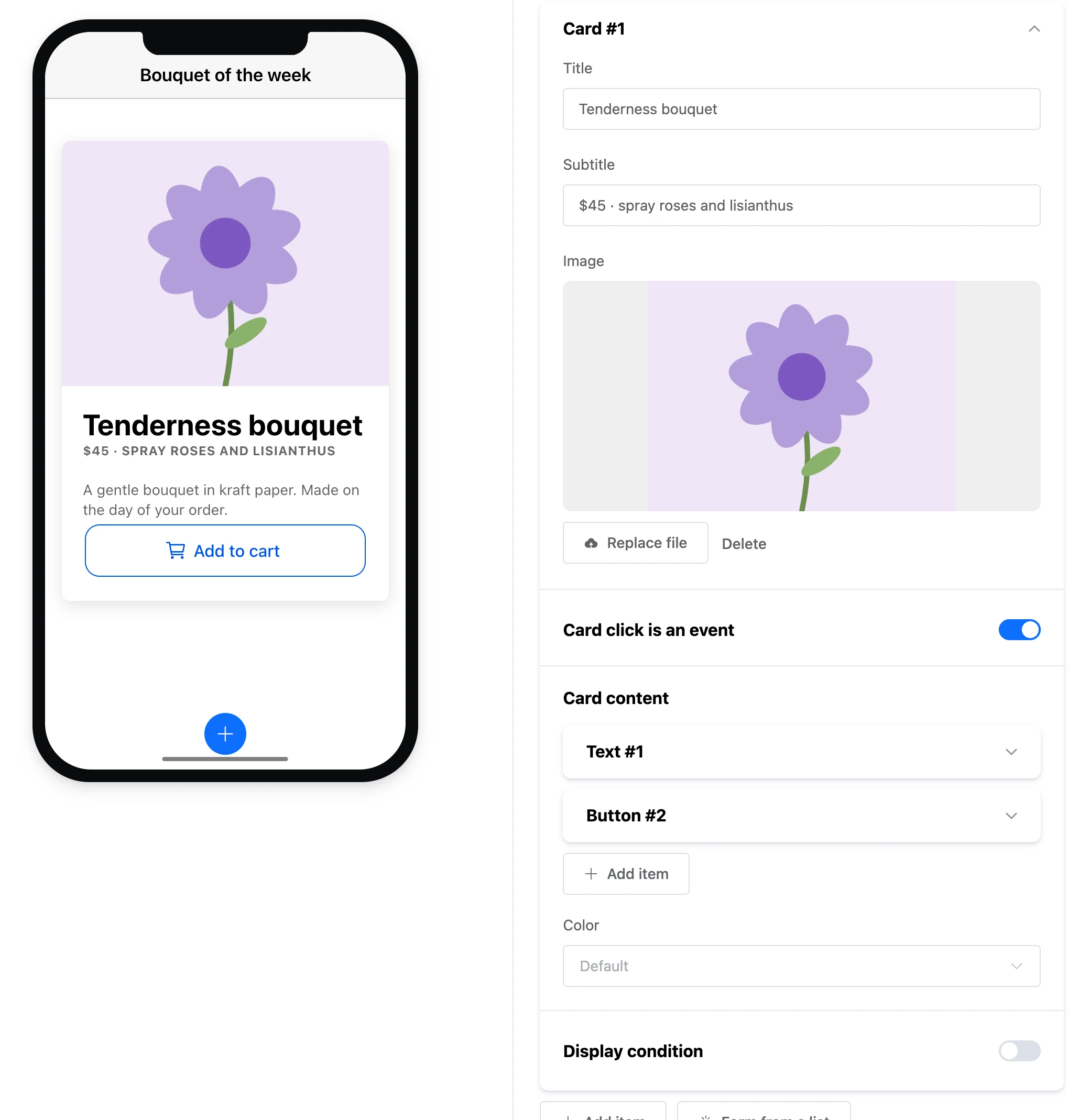 The "Card" element: an image, title, subtitle, text and a button inside, and the card's settings