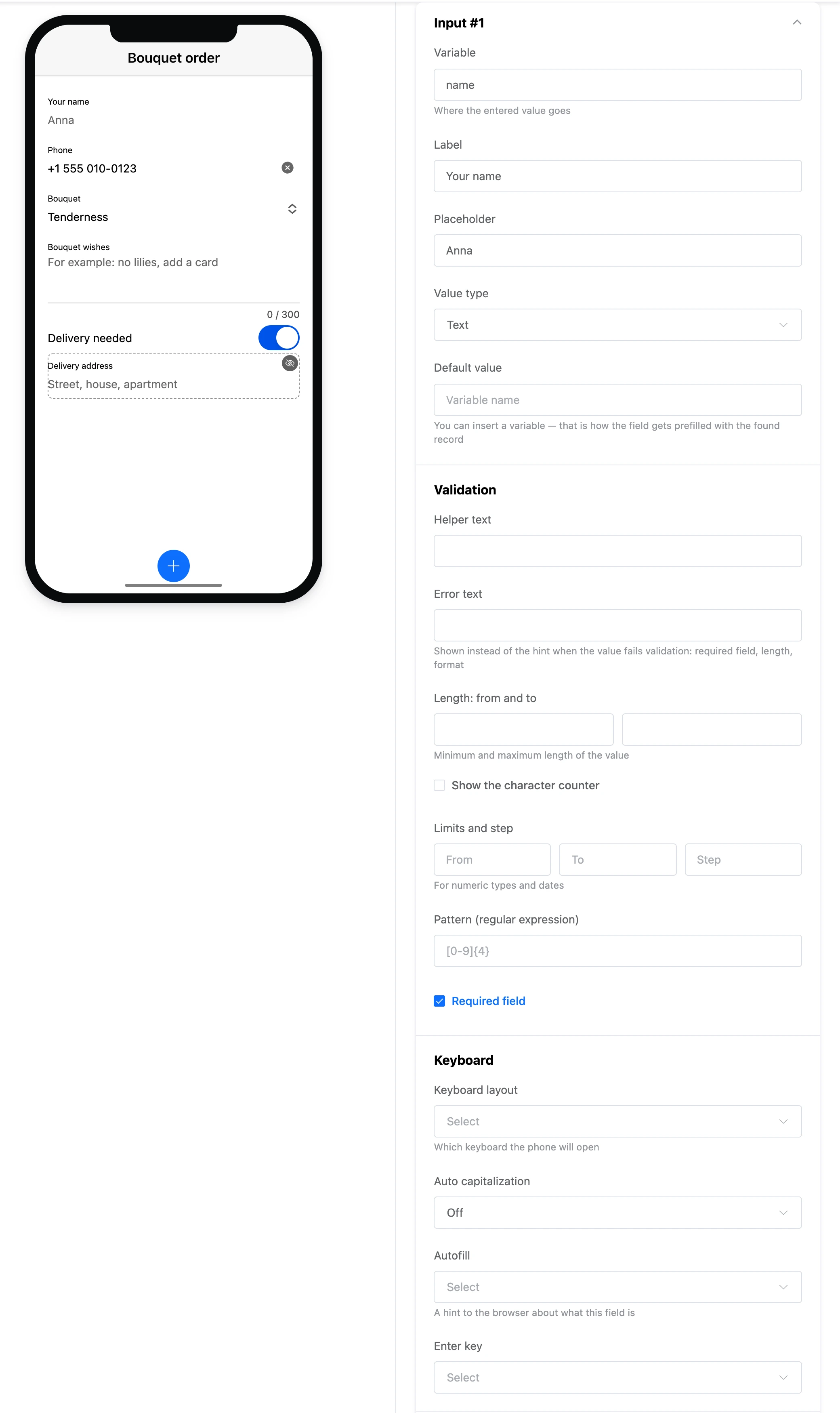 The "Input" element: name and phone fields on the screen and the field's settings