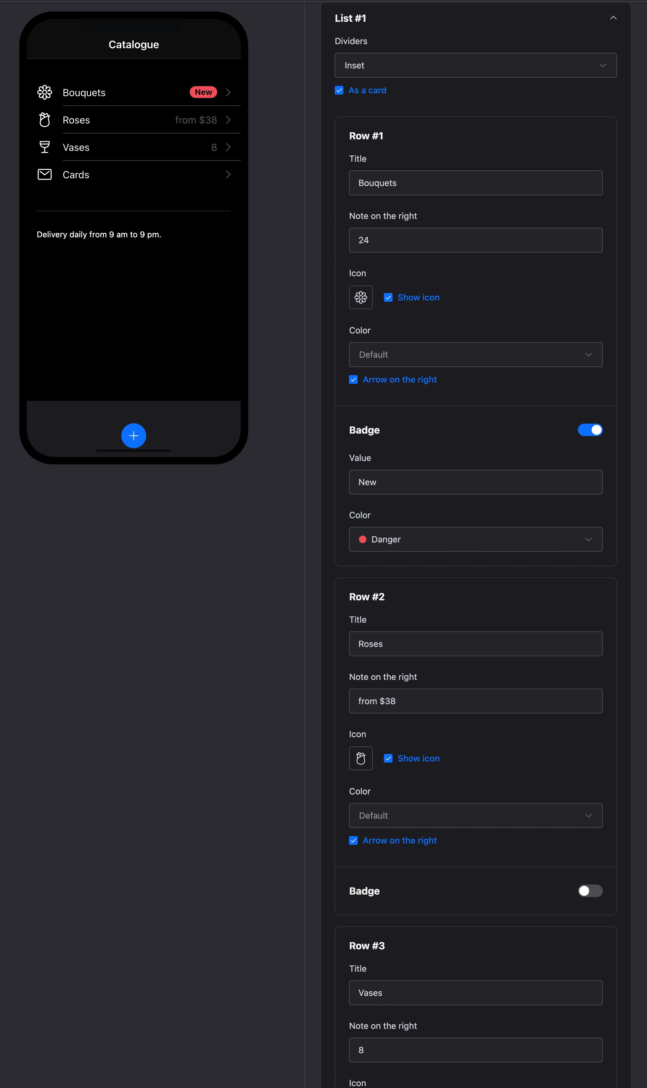 The "List" element: rows with icons, notes on the right and a badge, and the element's settings