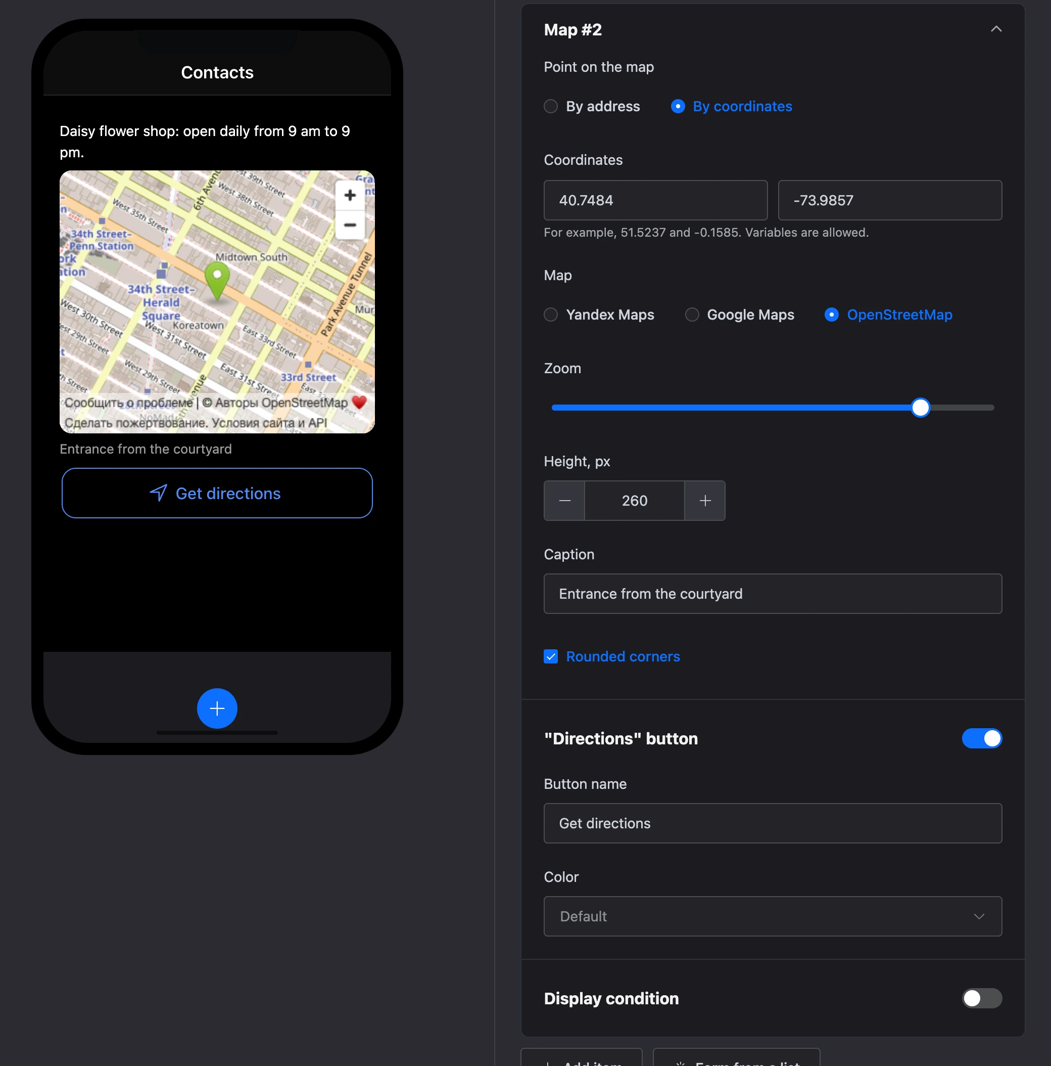 The "Map" element: a point on the map, a caption and the "Get directions" button, and the element's settings