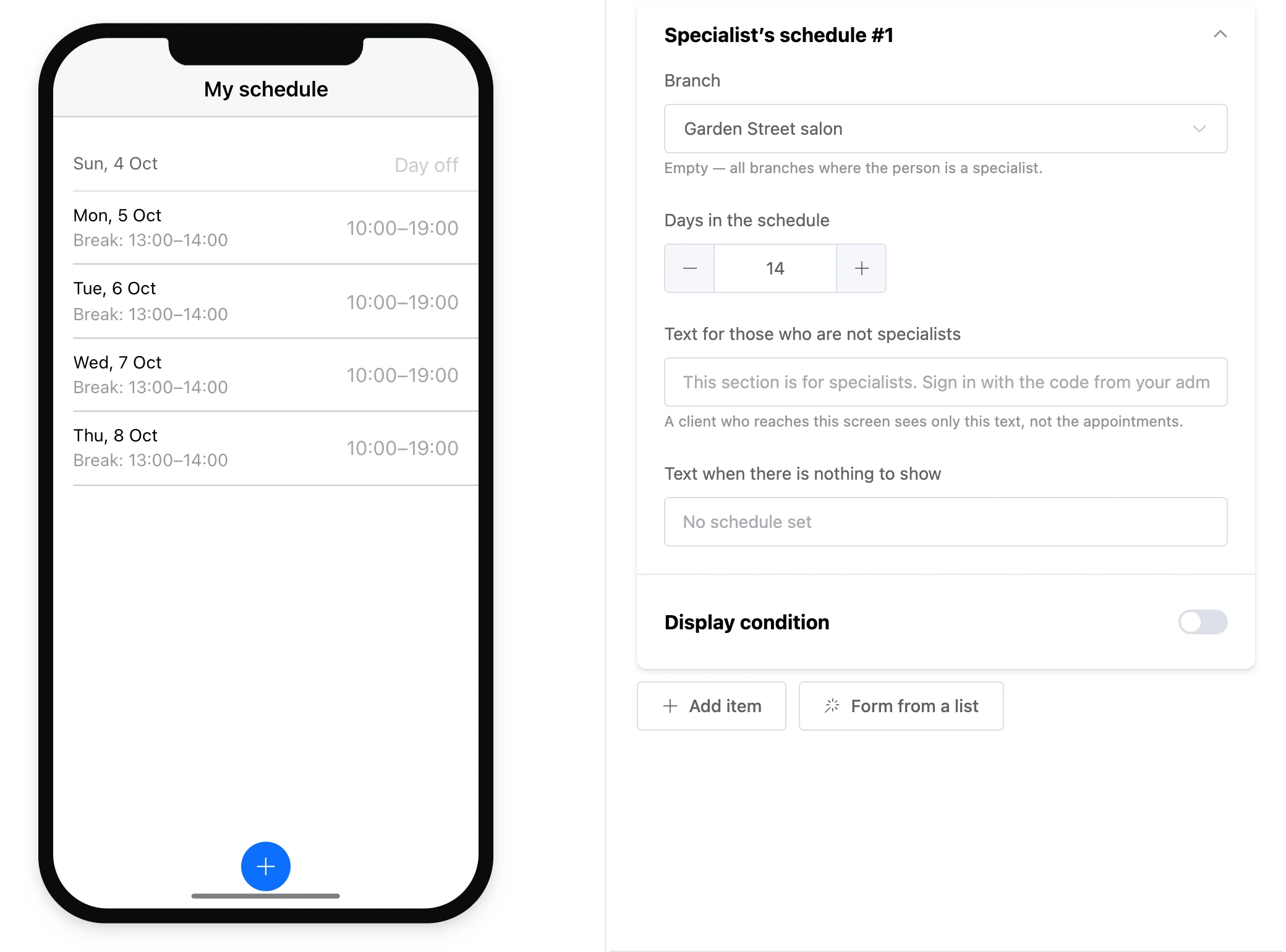 The "Specialist’s schedule" element: working hours by day and the element's settings
