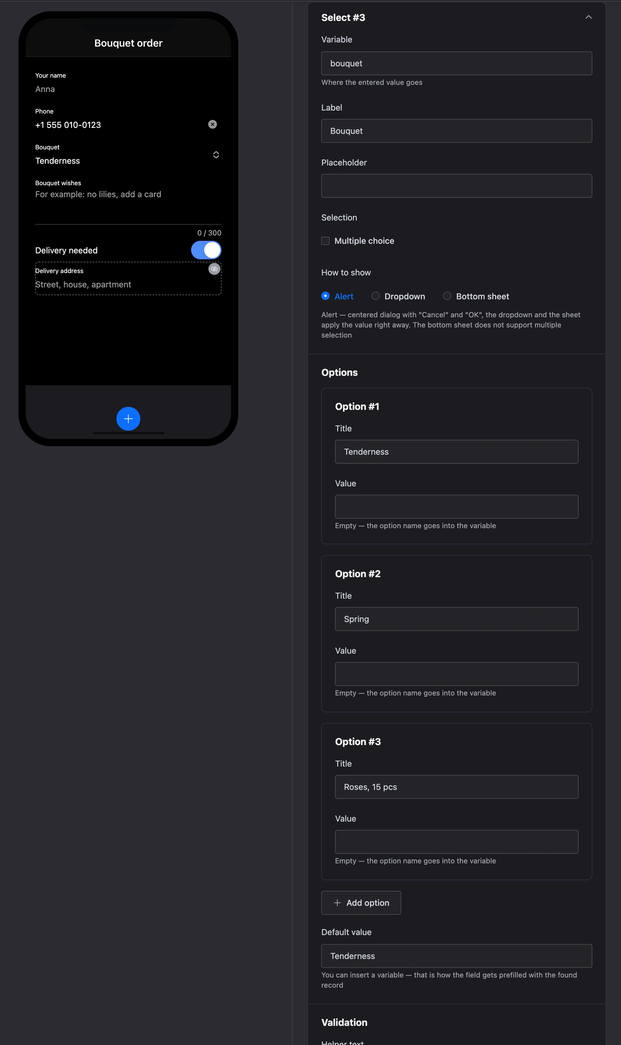 The "Select" element: the "Bouquet" field on the screen and the options in the settings