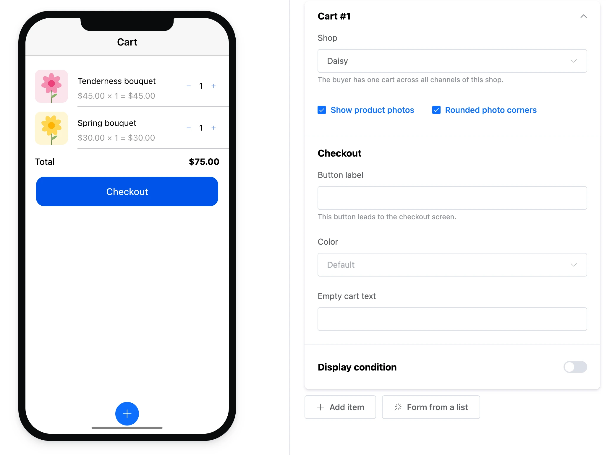 The "Cart" element: two products, the total and the "Checkout" button and the element's settings