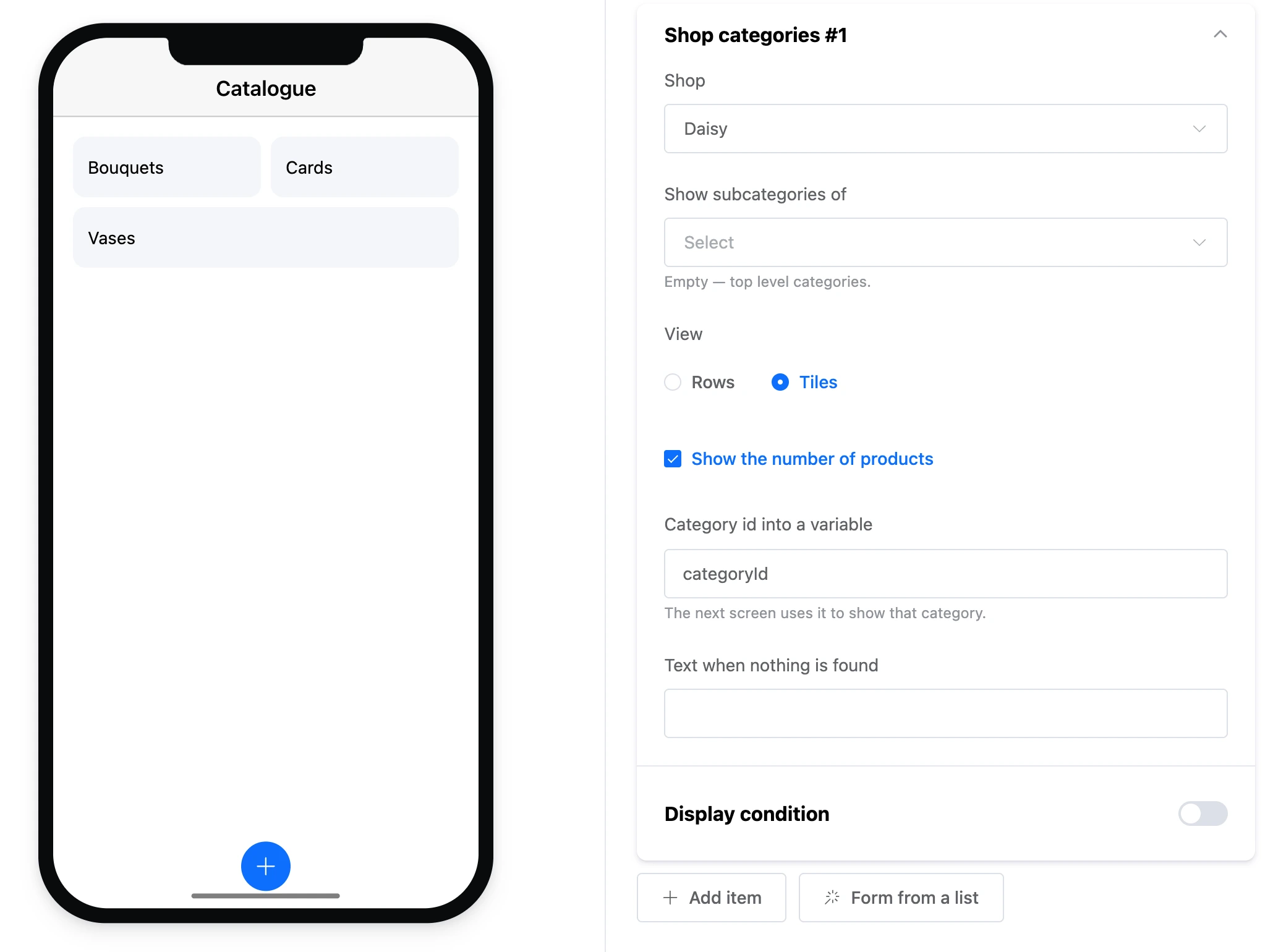 The "Shop categories" element: categories as tiles and the element's settings