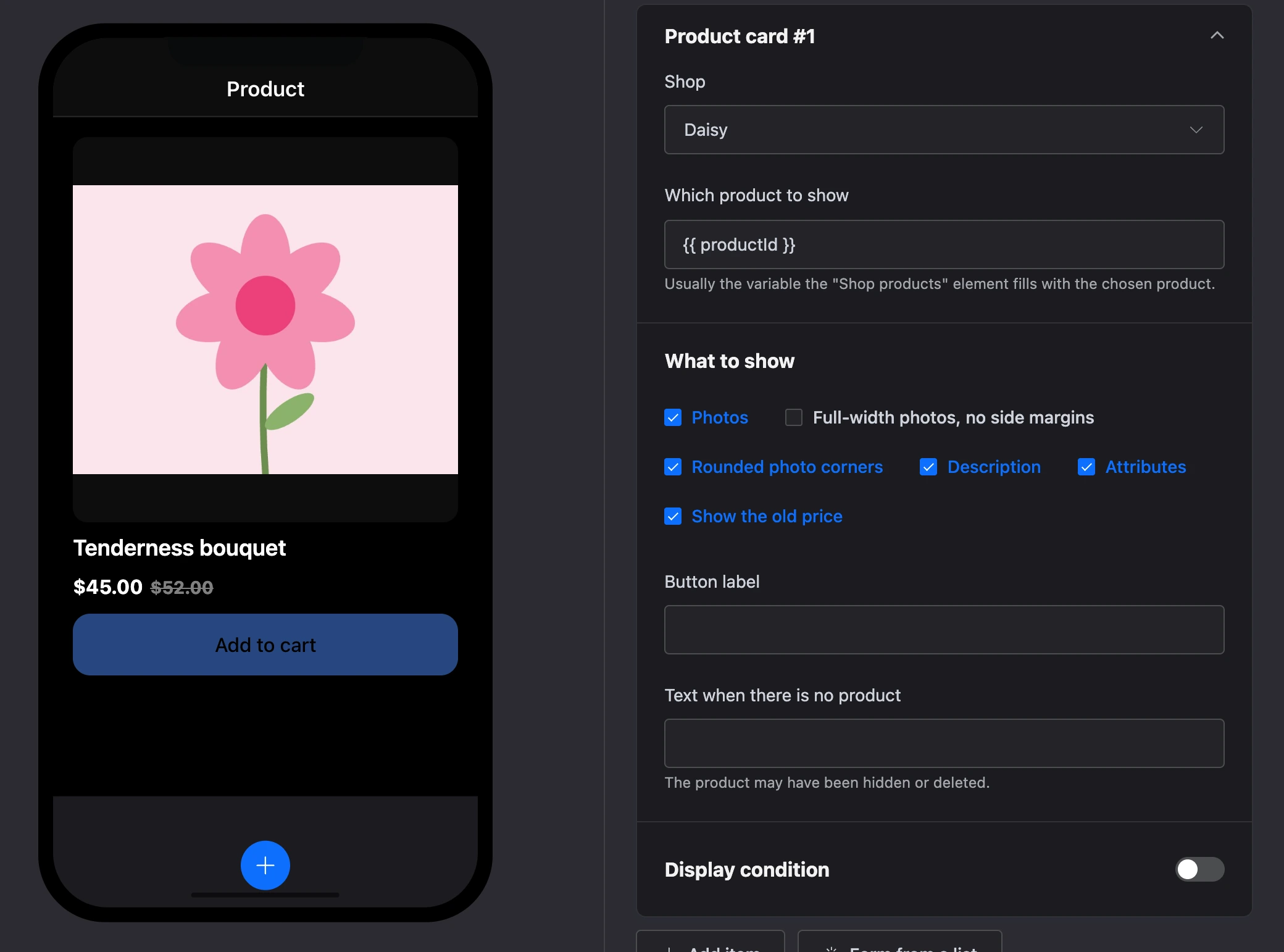 The "Product card" element: photos, price and the "Add to cart" button and the element's settings