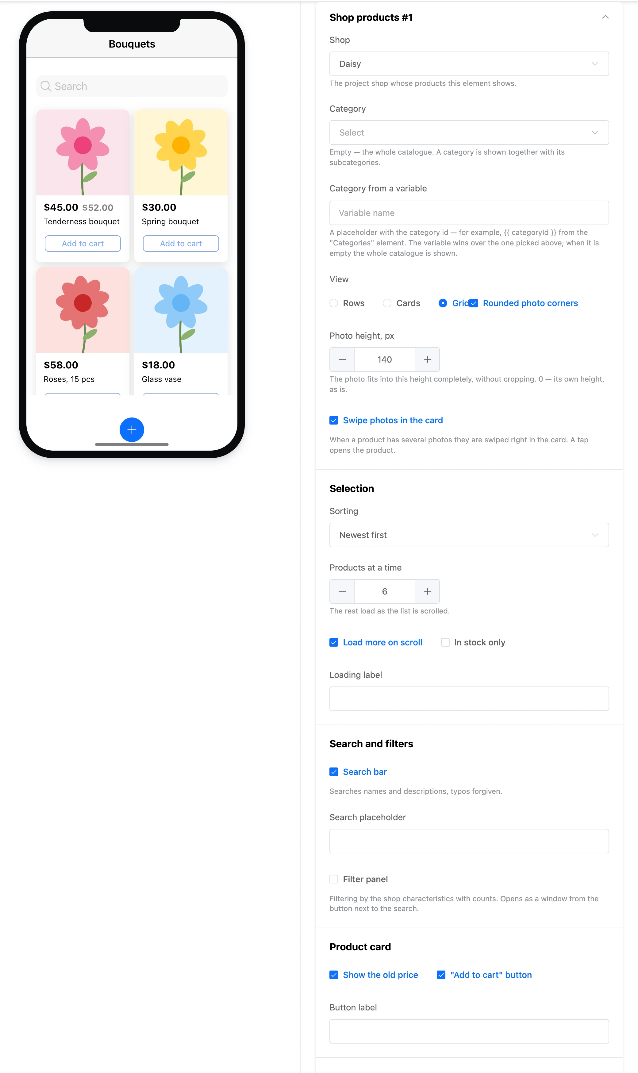 The "Shop products" element: products as tiles with a search bar and the element's settings