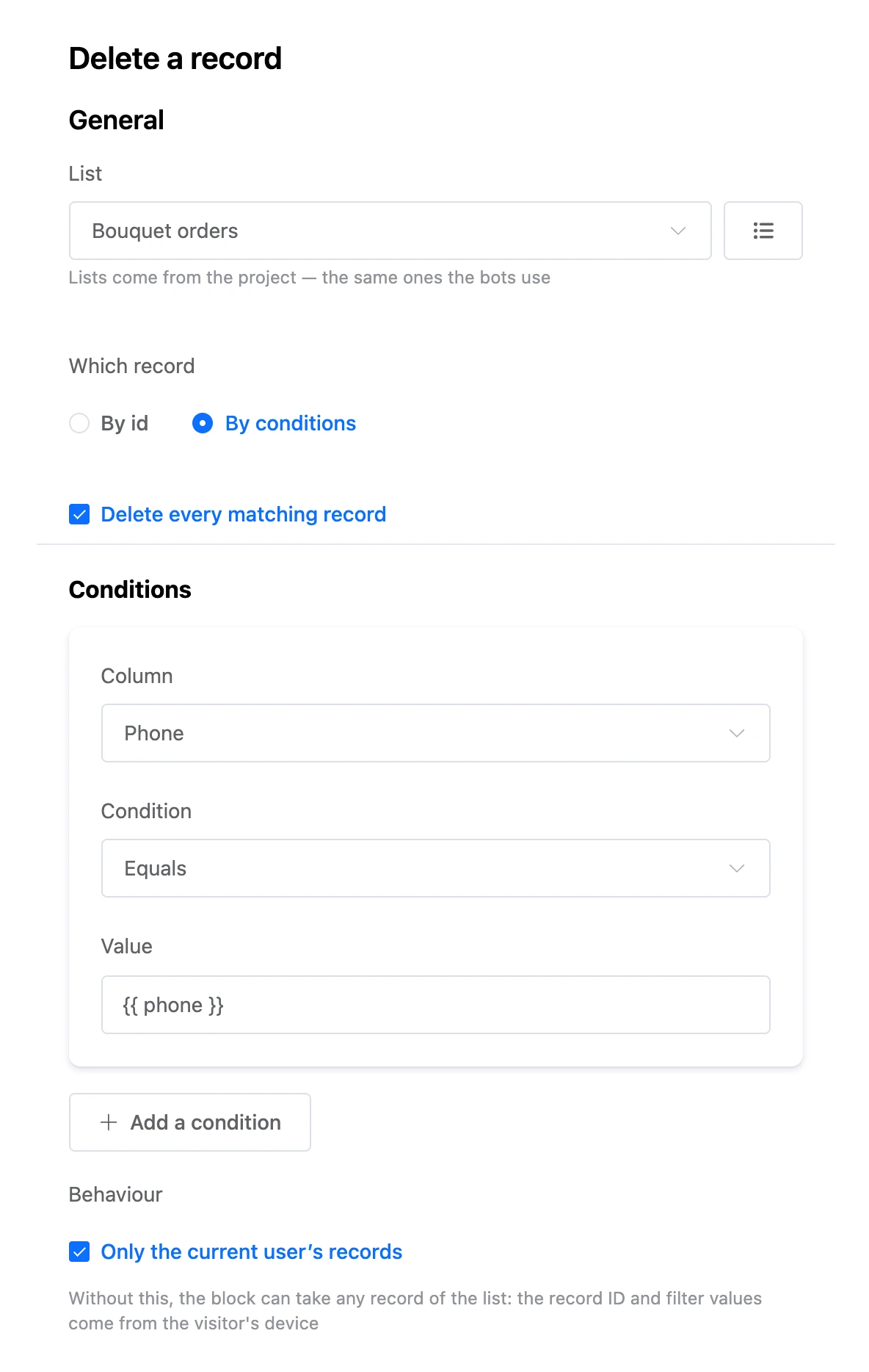 Delete record block: delete every matching record by a condition on the Phone column