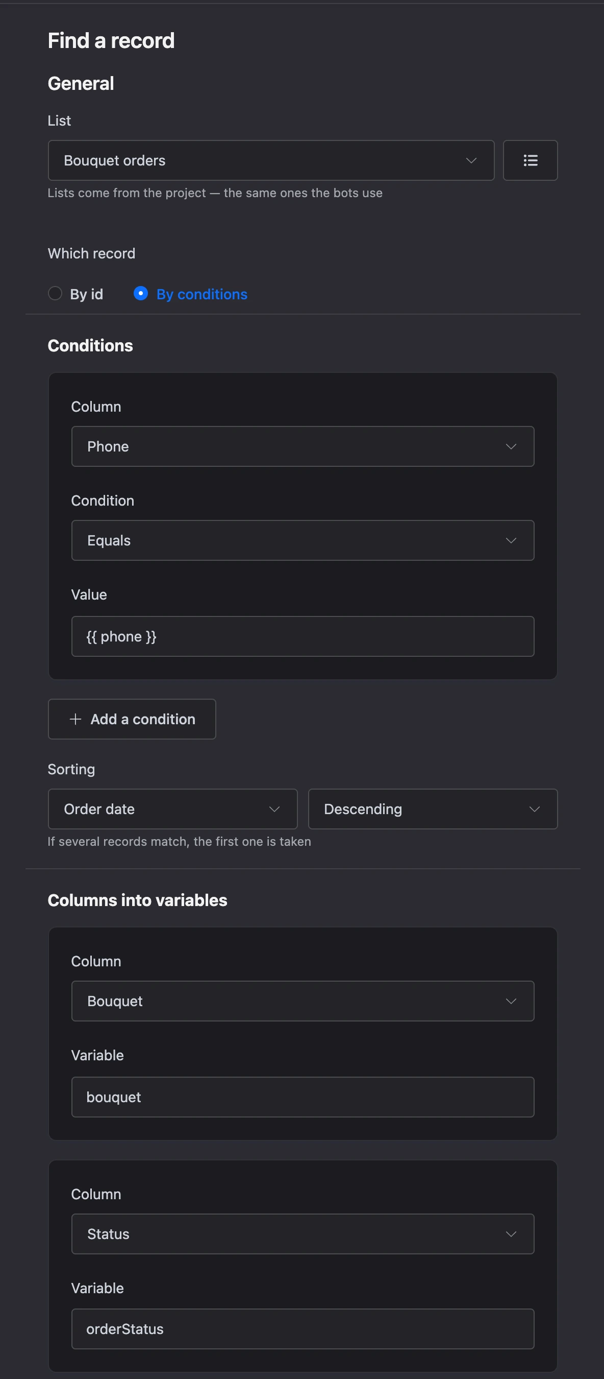 Find record block: a condition on the phone, sorting by order date and columns into variables
