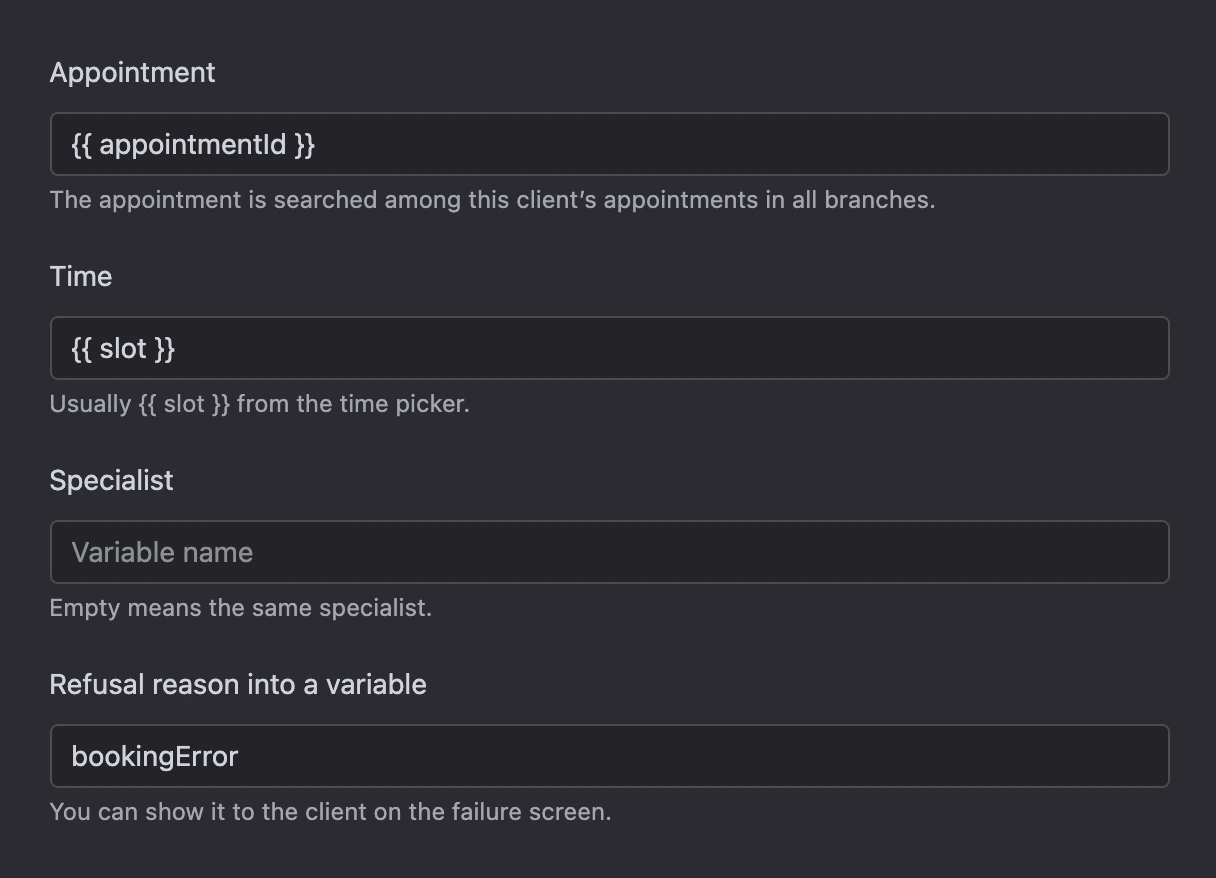 Reschedule appointment block: the appointment, time and specialist